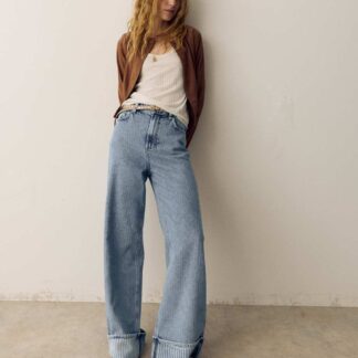 Per Una High Waisted Striped Wide Leg Turn Up Jeans Medium Indigo