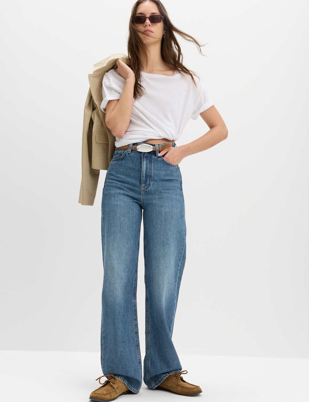 M&S High Waisted Relaxed Straight Jeans Medium Indigo